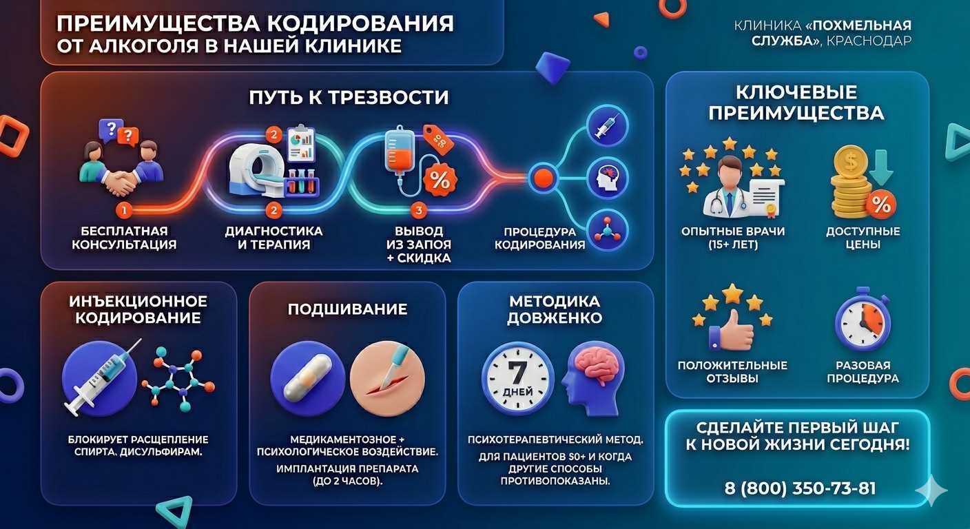 Инфографика о методах кодирования от алкоголя в Шилово: инъекции, подшивание, метод Довженко. Преимущества клиники и этапы лечения.